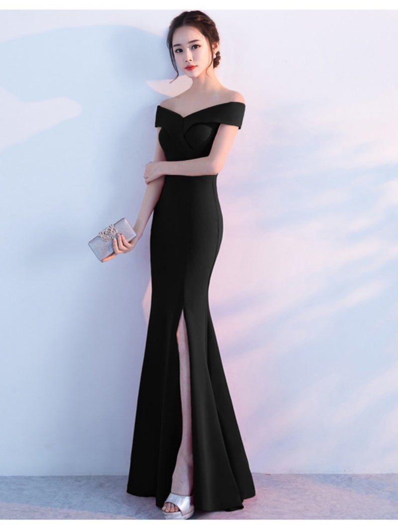 White New 2025 Long One-Shoulder Fishtail Evening Dress Off-Shoulder Toast Party Petite Slit Dress - Image 2